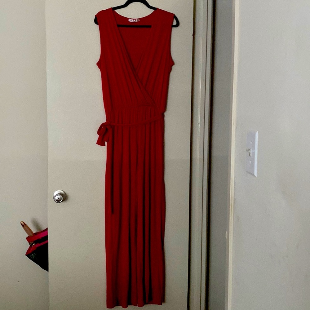 Red Stretchy Low Neckline Jumpsuit